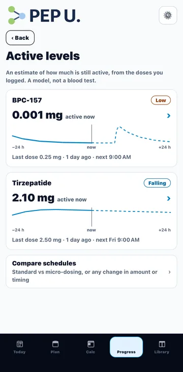 Active levels in Pep U: an estimate of how much BPC-157 and Tirzepatide is still active from the doses logged, with a curve from 24 hours ago to 24 hours ahead.