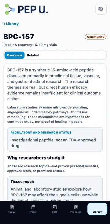 The BPC-157 reference in the Pep U Library: a research summary, its regulatory and research status, and why researchers study it.
