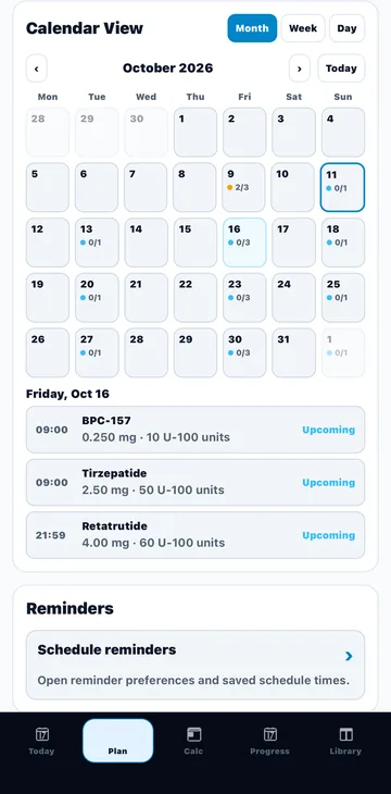Plan in Pep U: the October calendar with doses marked on each day, and Friday’s list of BPC-157, Tirzepatide and Retatrutide doses with their times.