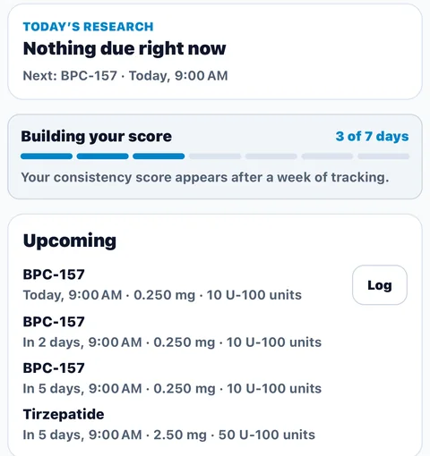 Today in Pep U: nothing due right now with the next BPC-157 dose at 9:00 AM, the consistency score building (3 of 7 days), and upcoming BPC-157 and Tirzepatide doses with amounts, U-100 units and a Log button.