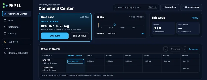 Pep U Command Center on the web: next dose, today’s timeline and the week across every schedule.