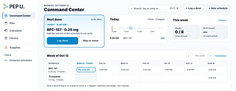 Pep U Command Center on the web: next dose, today’s timeline and the week across every schedule.