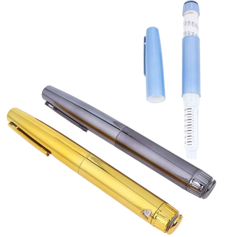 Reusable cartridge pens in blue, gray, and gold shown beside a clear 3 mL cartridge
